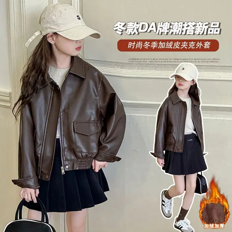 2025 autumn spring Girls Leather Jacket PU Fashion Casual Windproof Teenager Kids Coats Brown Trendy Outerwear 8 12 13 14 Years