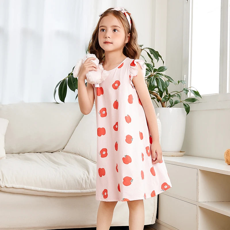 Mini Bala Summer New Kids Sweat-Absorbing Comfortable Nightgown Breathable Pure Cotton Girls Home Dress