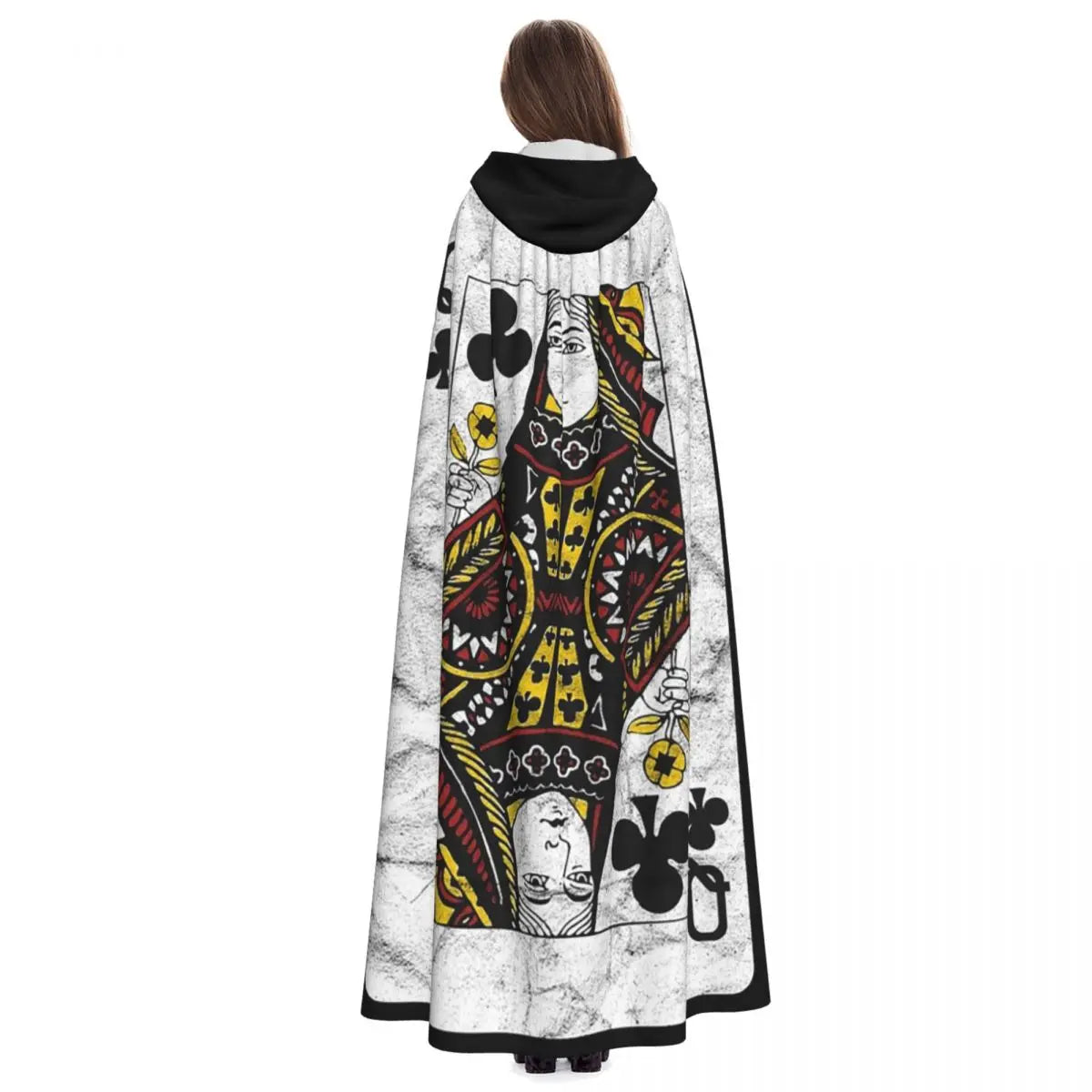 Playing Cards Queen Clubs distressed Design Long Hooded Cloak Witch Medieval Costume Cosplay Cape HalloweenVampire Adult Unisex
