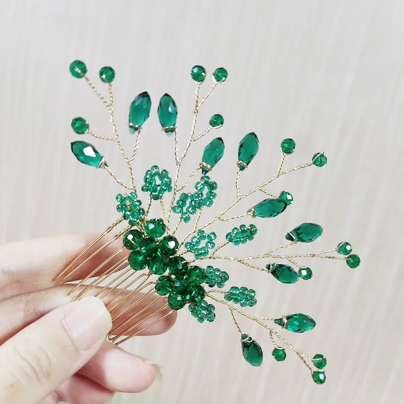 Green Color Rhinestone Hair Combs Bridal Hair Jewelry Leaf Hairpins Pearls Hairpins Bride Wedding Headdress Headband