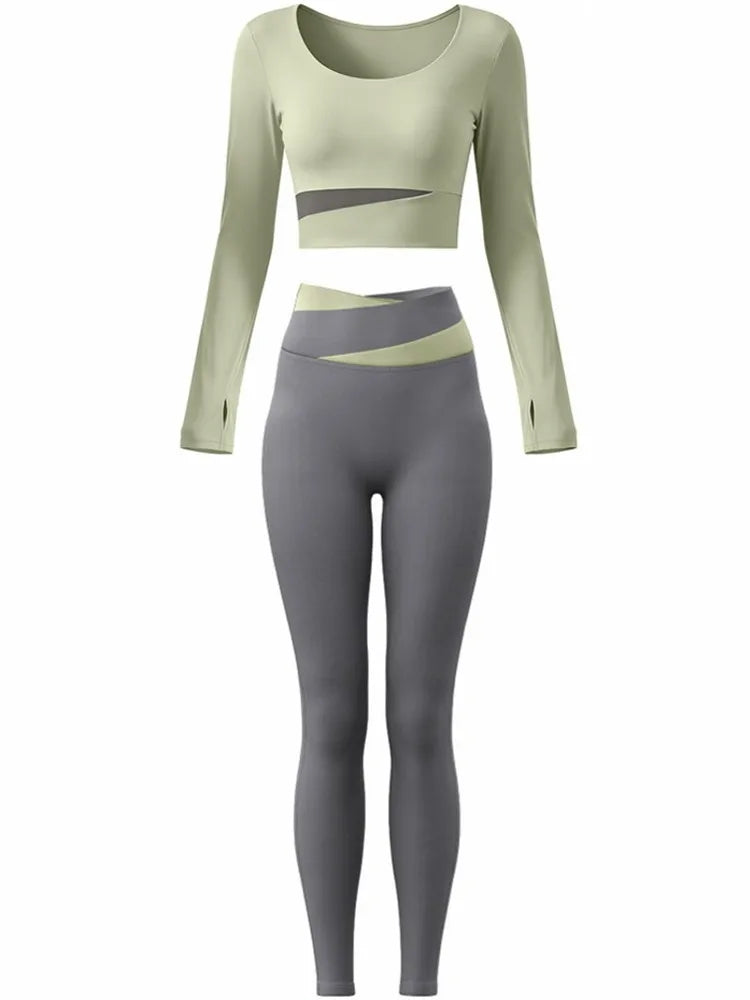 2 Piece Sets Women Quick-Dry Sports Set O-Neck Long Sleeve Top Pants Running Fitness Workout Athletic Wear Tracksuit Sportswear