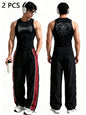 Men Gothic Style 2Pcs Outfit Graphic Sleeveless Tank Top Side Striped Loose Trousers Gym Street Casual Tracksuit