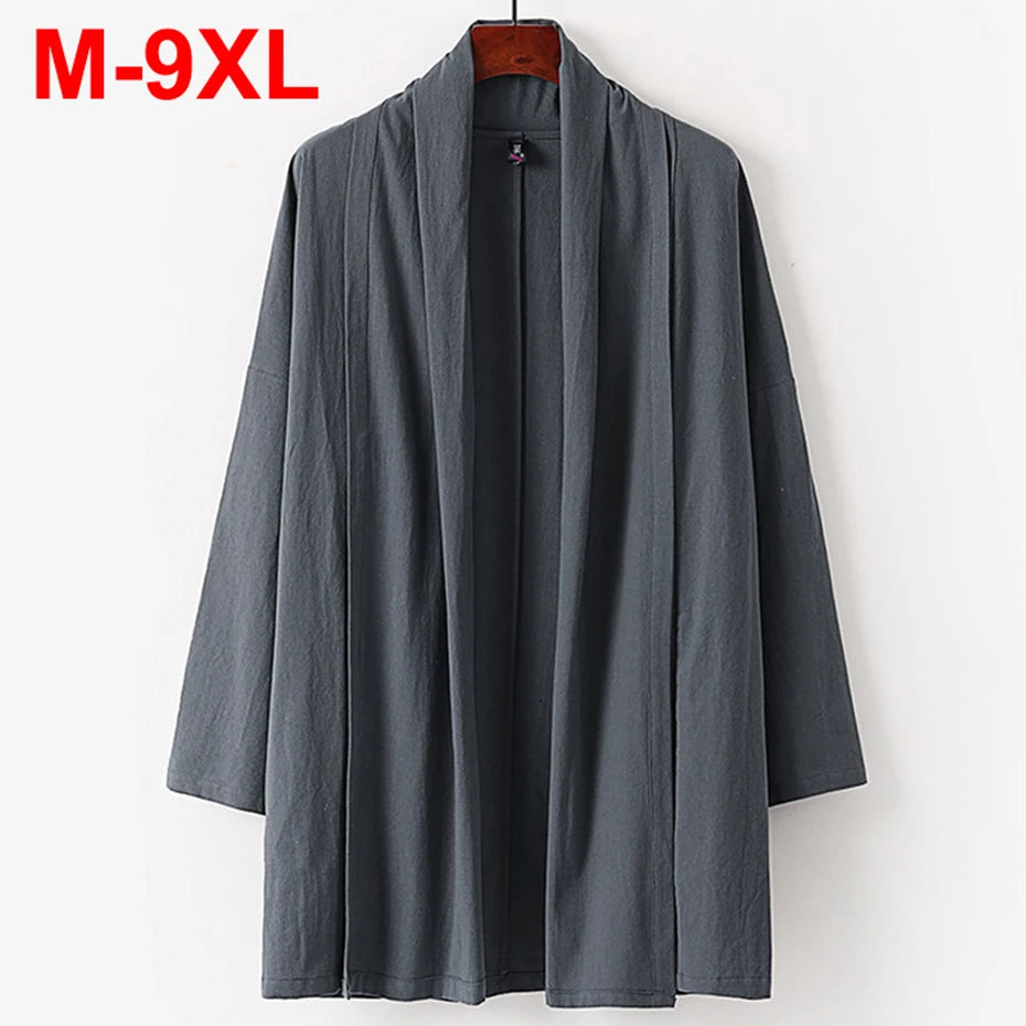 9XL 8XL Plus Size Taoist Robe Kimono Solid Cotton Linen Jackets Coat Man Big Size 7XL 6XL Kimono Outwear