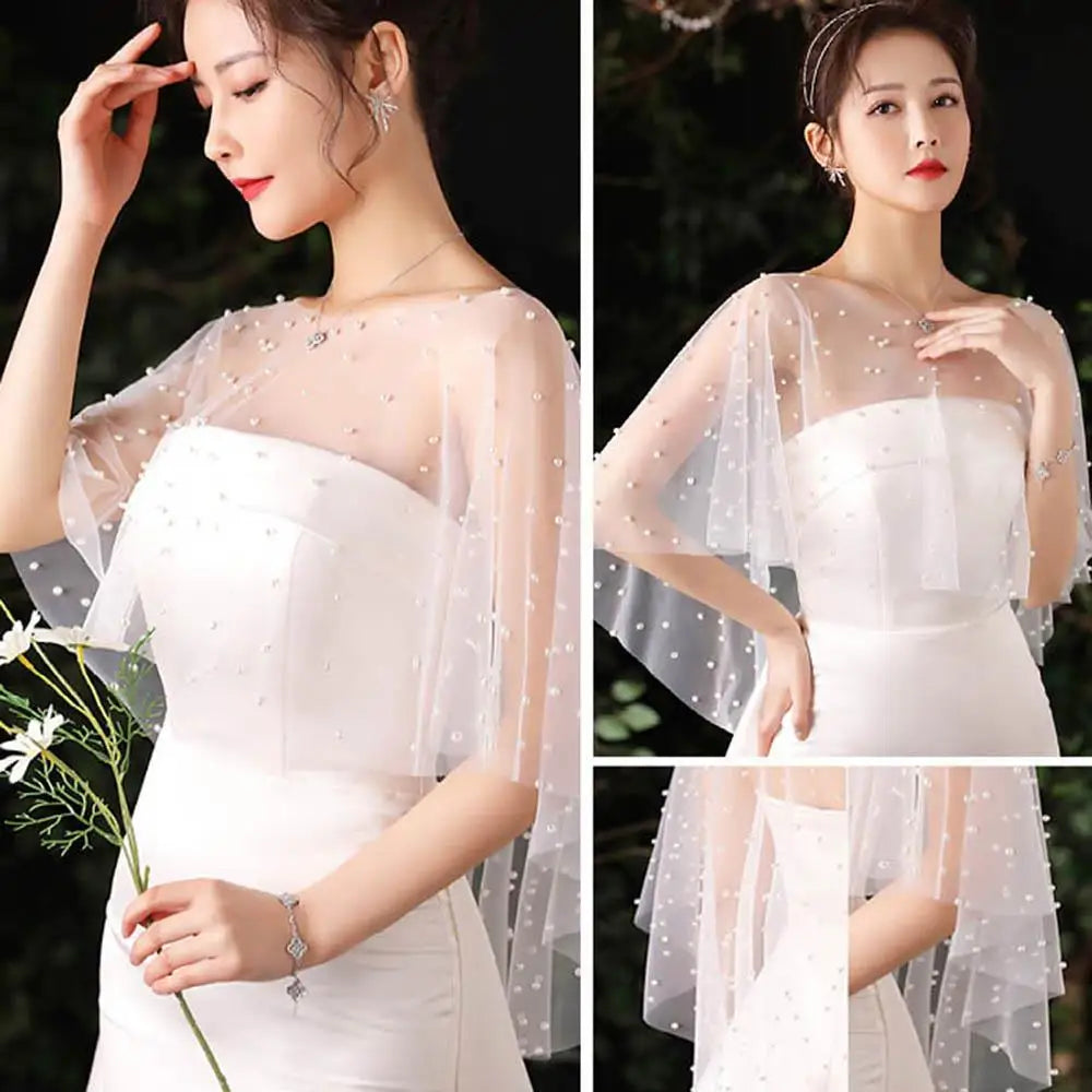 White Tulle Net Shawl For Bride Short Front Long Back See-Through Pearl Bead Wrap Short Sleeve With Plain Silk Edge Wedding Cape