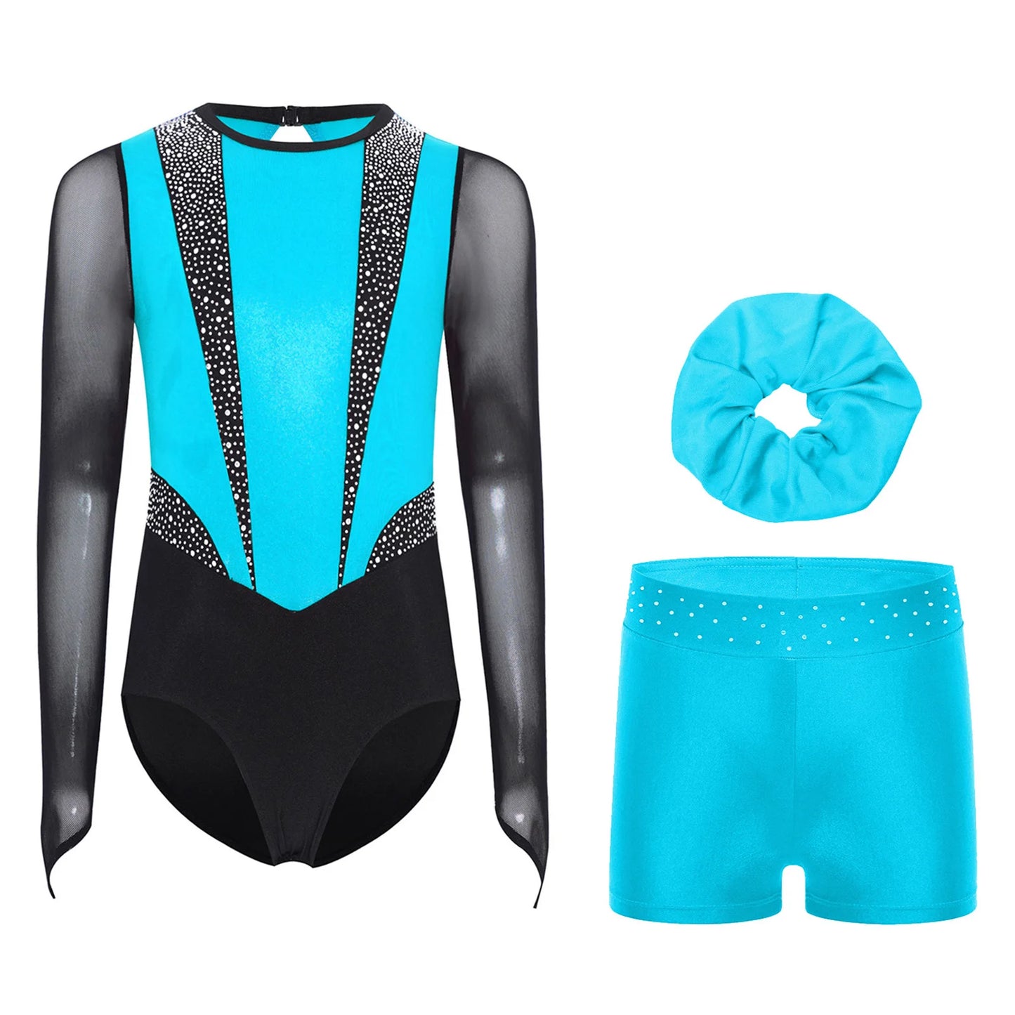 Kids Girls Ballet Gymnastics Sets Sports Tracksuit Figure Skating Dancewear Long Sleeves Rhinestones Leotard with Shorts Suit