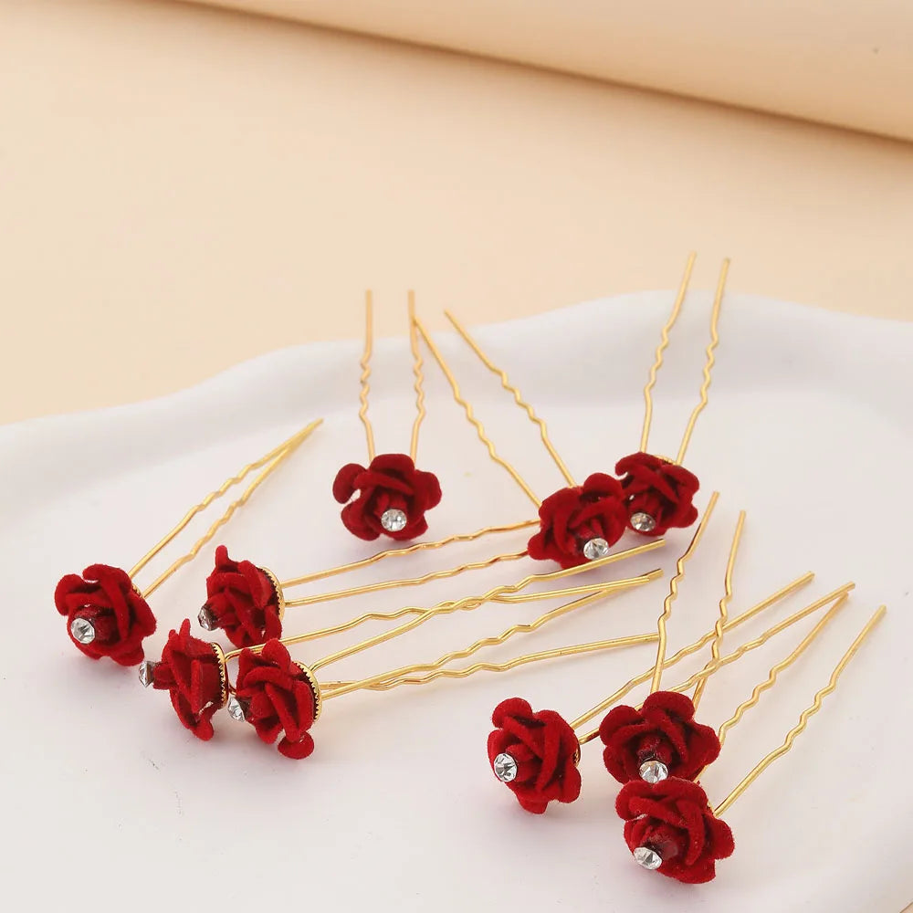 10Pcs Rose Hair Accessories Wedding Bride Hairpins Flower Hair Clips Red Velvet Clips For Women Elegant Pin Diamond Barrettes