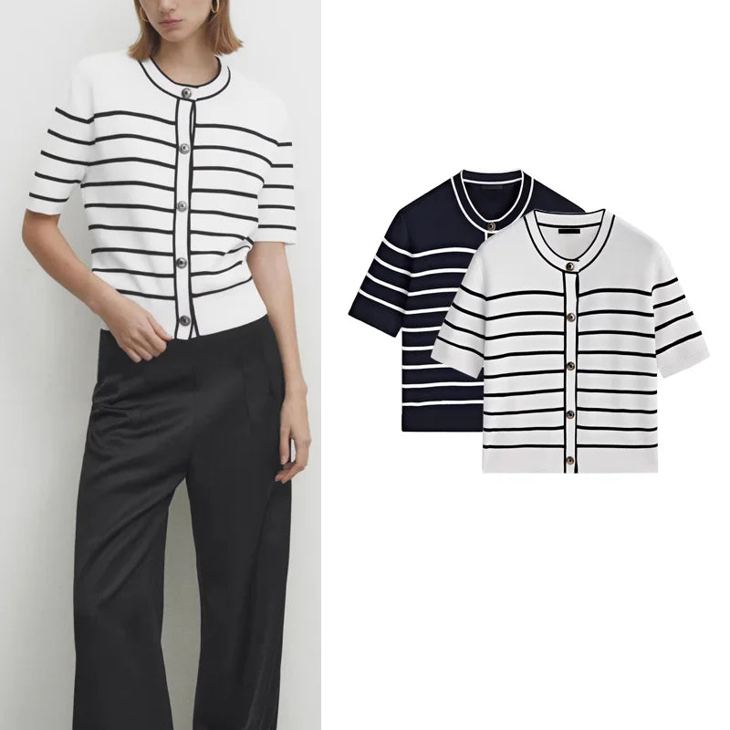 Ele Button Design Striped Cotton Knitted Open Cardigan Outerwear MD Early Autumn New Sle Commute Sle Polyester Fiber