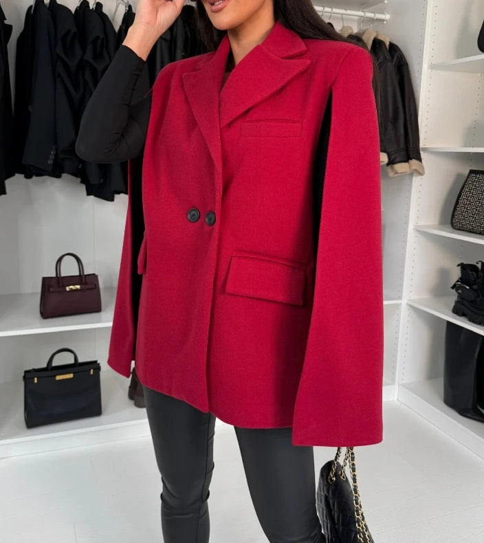 Formal Red Cape Blazer Coat for Women One Piece Female Spring Cotton Work Wear Shawl Jacket for Women Long Sleeves Outfit