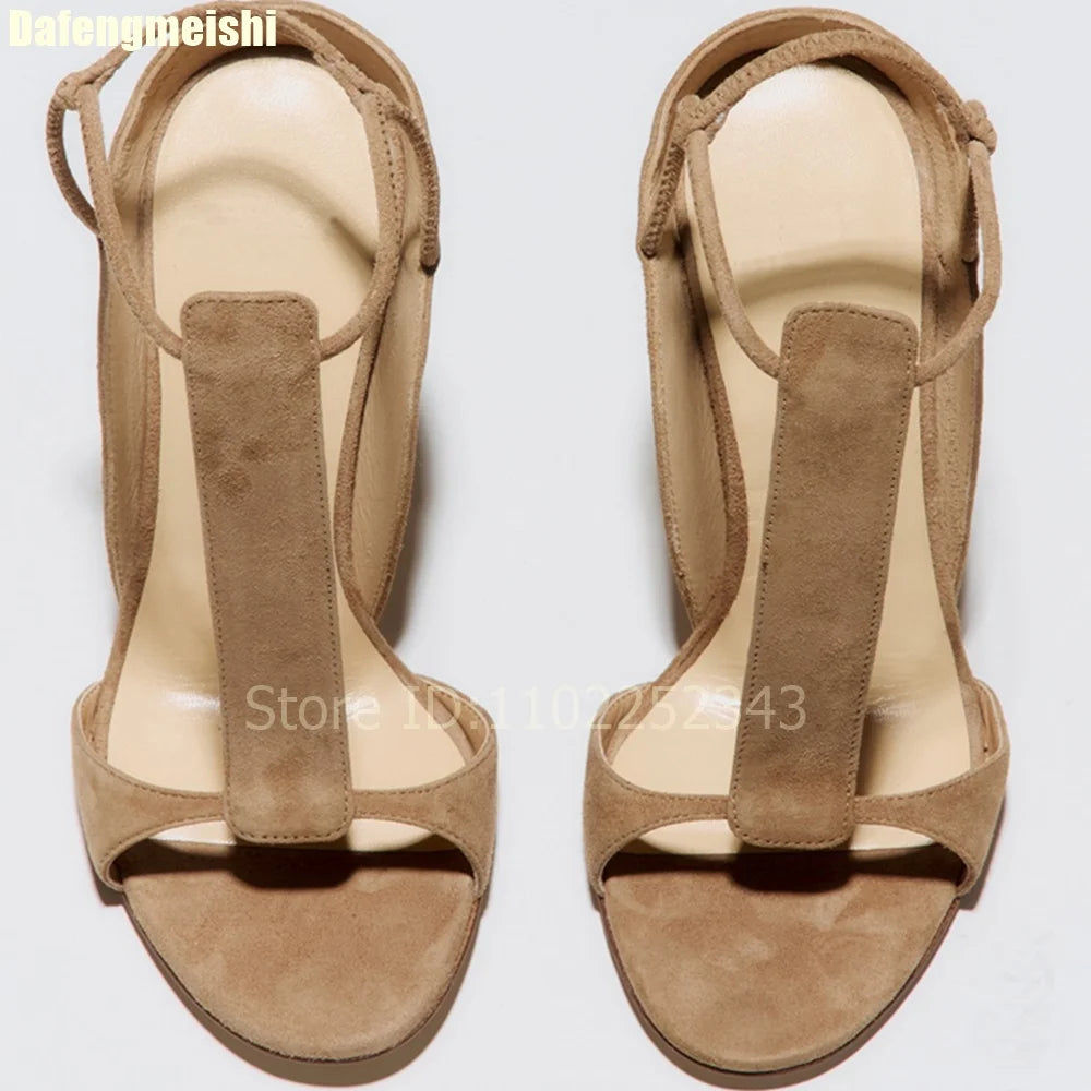 2025 Summer New Women's T-Strap Sandals Suede Stiletto High-Heeled Shoes 10Cm/8Cm Open-Toed High-Heeled Shoes French Sandals