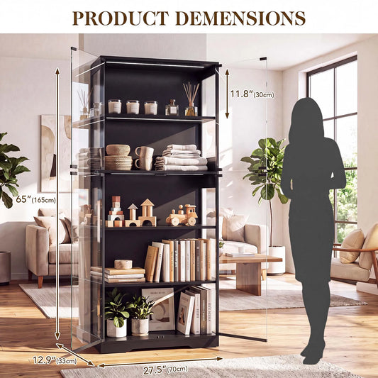 TCGBKAF 5‑Tier Display Cabinet with Glass Doors Motion Sensor Dimmable LED Lights Wooden Frame Display Storage Cabinet for Collectible Figures Living Room Bedroom Office Home Furniture