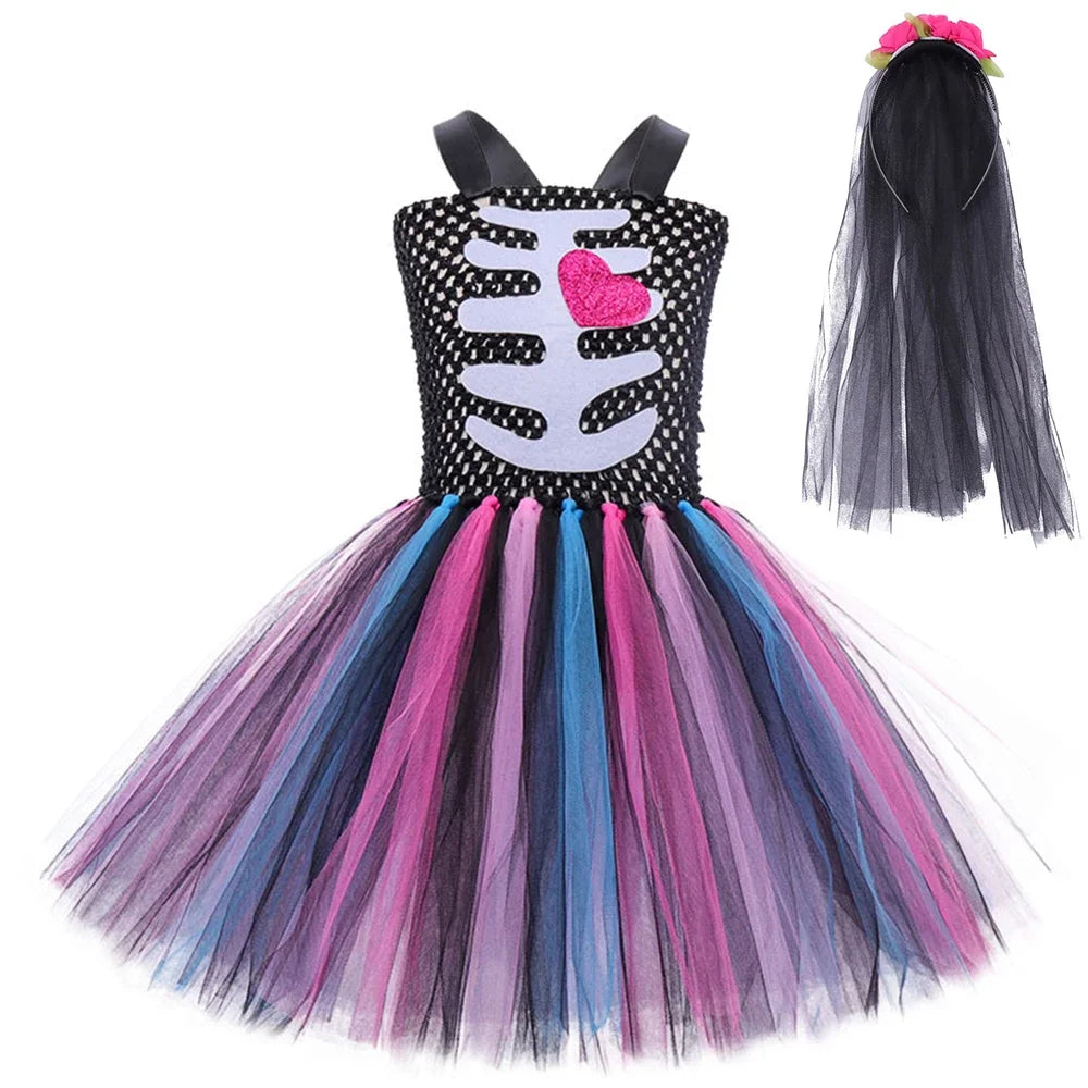 Children's Halloween Zombie Bride Horror Skeleton Vampire Puff Dress Flower Tutu Dress Stage Role Playing  Sleeveless Dress