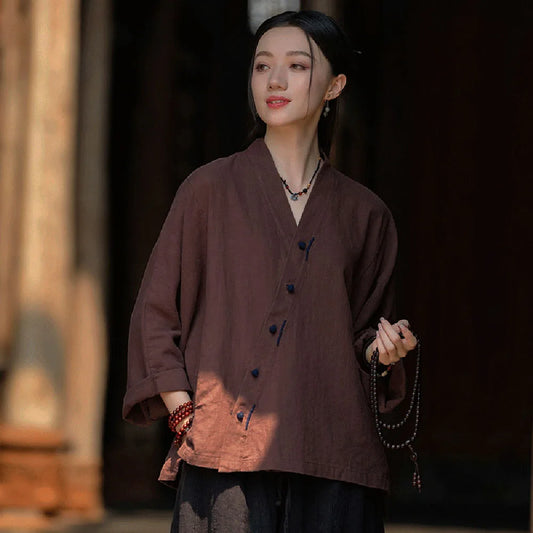 Korean Version Ramie Cotton Solid Color Long Sleeve Blouse Women's Retro Hanfu Hand-Stitched V-Neck Disc Buckle Loose Short Coat