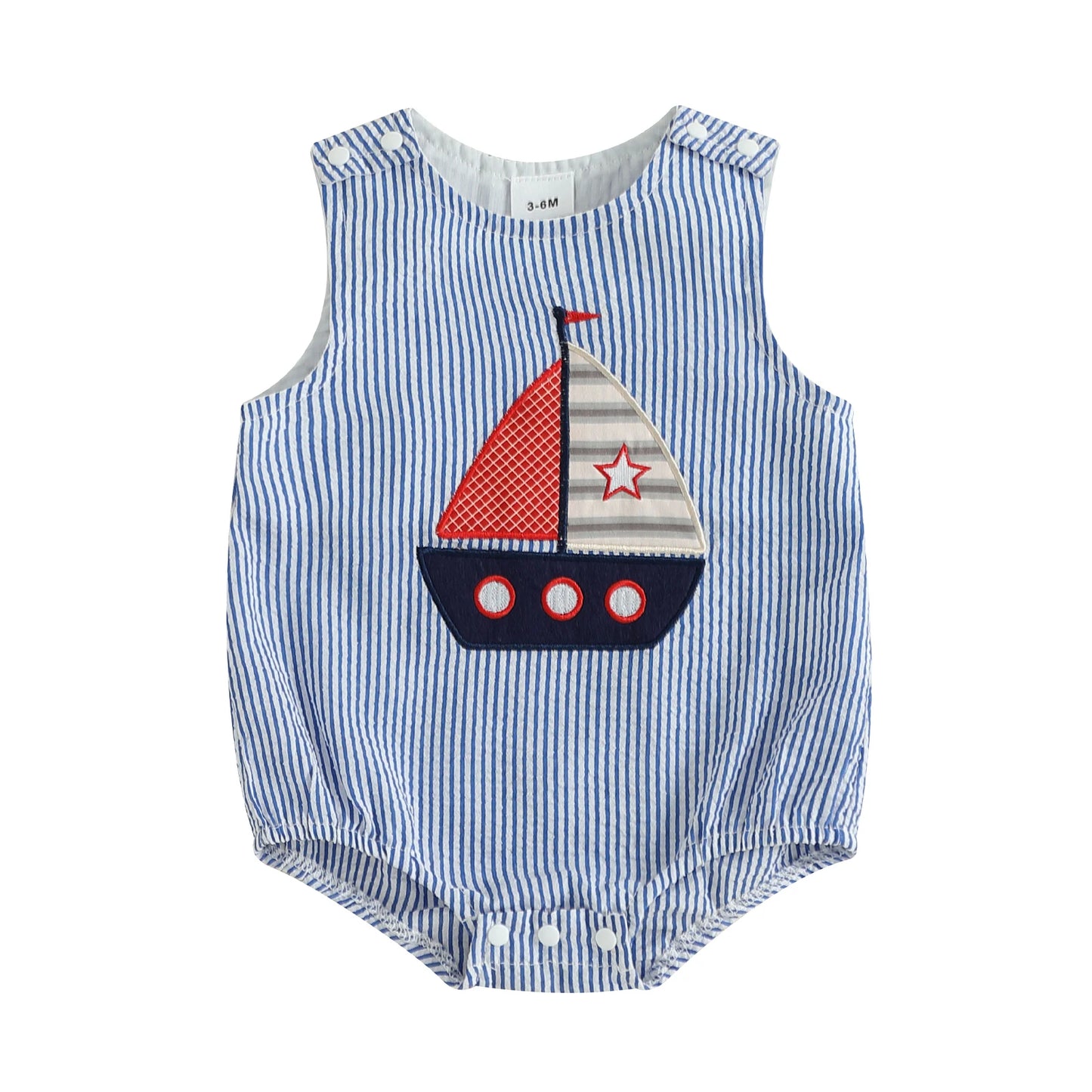 Baby Boy Striped Overalls Romper Sailboat Embroidered Sleeveless Bodysuit Cute Summer Clothes