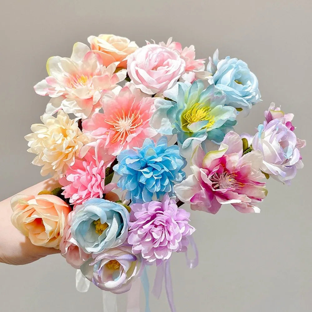 Fascinating Y2k Artificial Flower Fairy Flower Crown with Ribbon Headpiece Flower Headbands Bride Wedding Braided Wreath Women