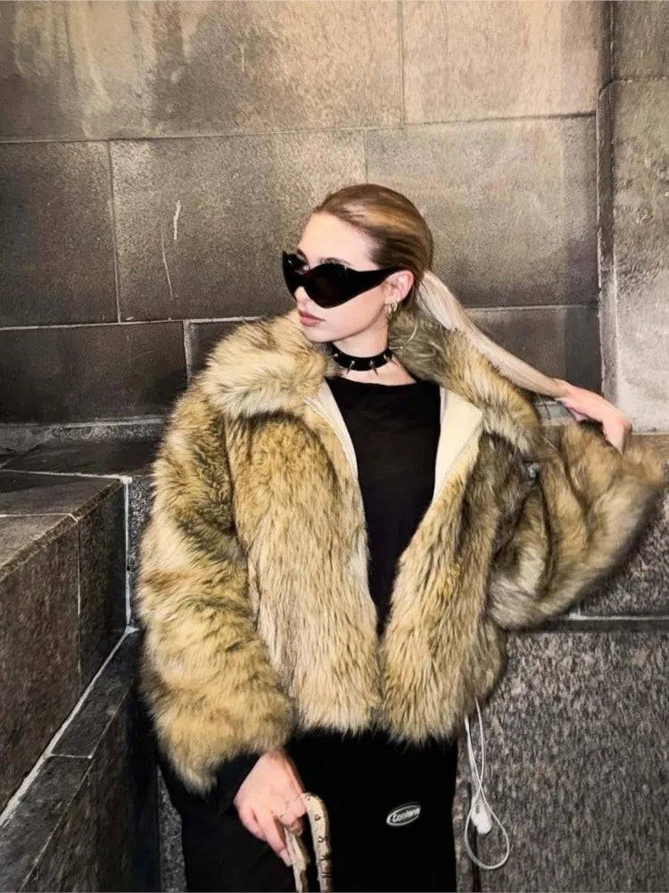 Women Faux Fur Coat Autumn Turn Down Collar Long Sleeve Women's Jacket with Zipper Fashion Female Coats