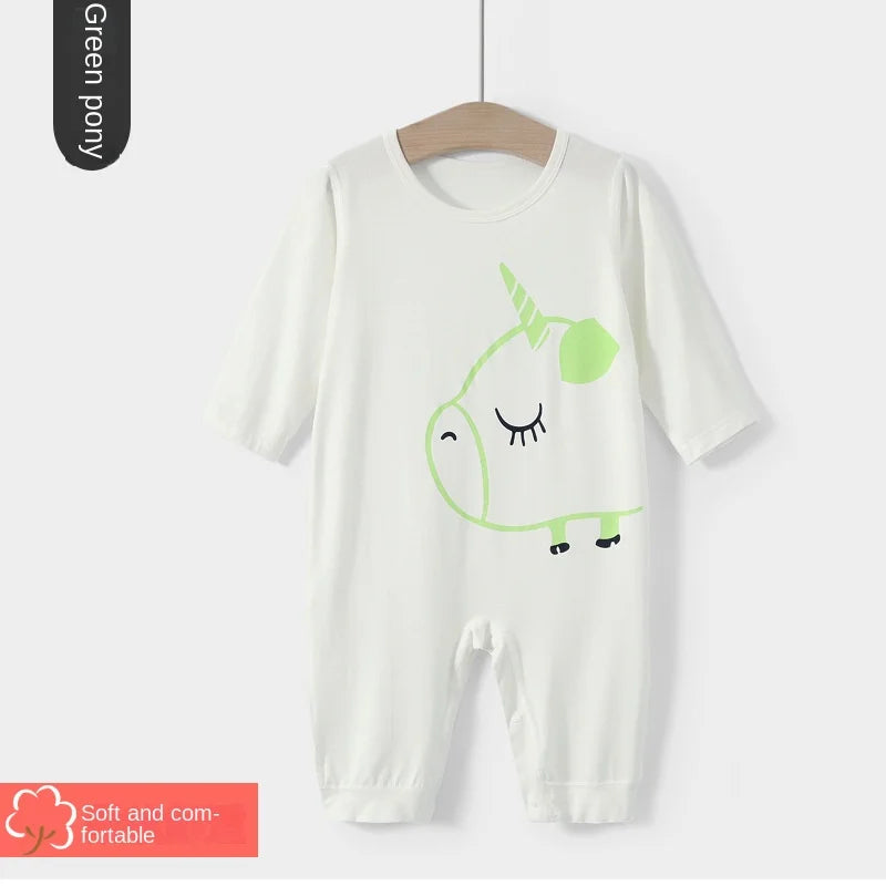 Boys and Girls' Pajamas Thin Air-conditioned Clothes Cartoon Animal Print One Piece Thin Long-sleeved Baby Spring and Autumn