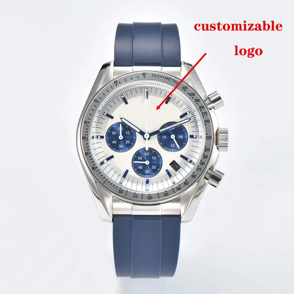 41mm silver men's watch VK63 movement quartz chronograph sapphire glass rubber strap business men's waterproof wristwatch 10Bar