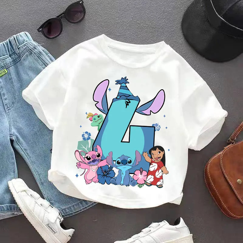 Lilo Stitch T-shirt for Kids Clothes Birthday Number 1-9 Print Children Clothing Cute Anime Tee Party Wear Cotton Baby Tops Gift