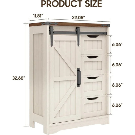 Farmhouse bathroom storage cabinet with 4 drawers and sliding door, white MDF, rustic style for bathroom kitchen living room