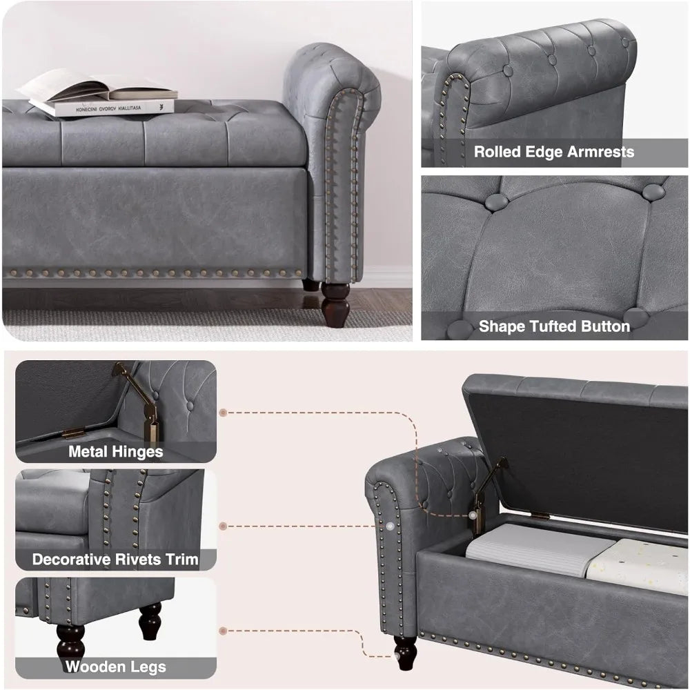 Bedroom Bench, End of Bed Bench with Storage, Bed Benches for Foot of Bed, Faux Leather Window Bench with Rolled