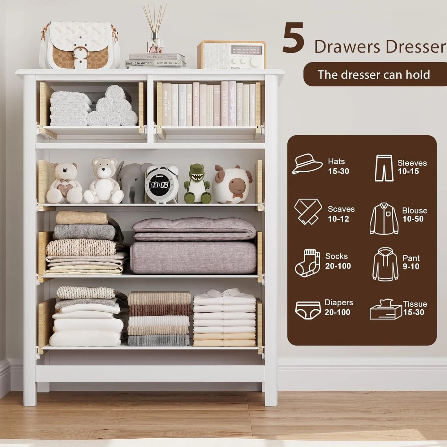 White Dresser with 5 Drawers, Tall Chest of Drawers, 5 Drawer Dresser with Deep Space, Wood Storage Cabinet for Living Room