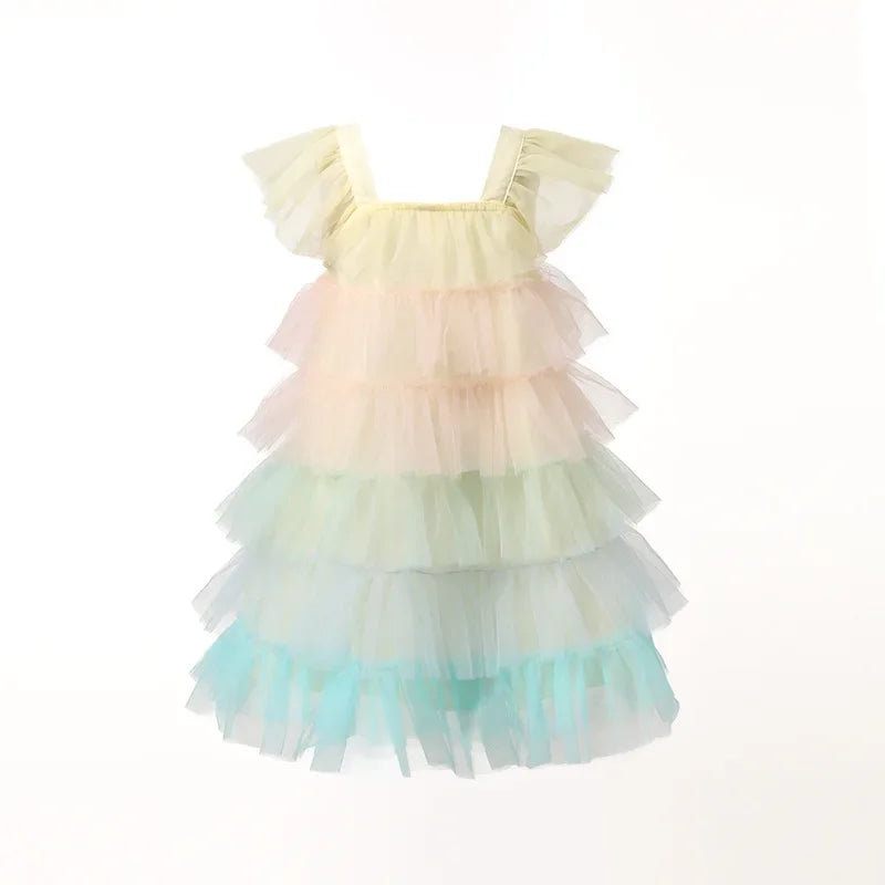 Girls' Dress 2025 Summer Fashion Children's Clothes Princess Rainbow Pink Cake multi-layer Gauze Baby Girl Birthday Party Dress
