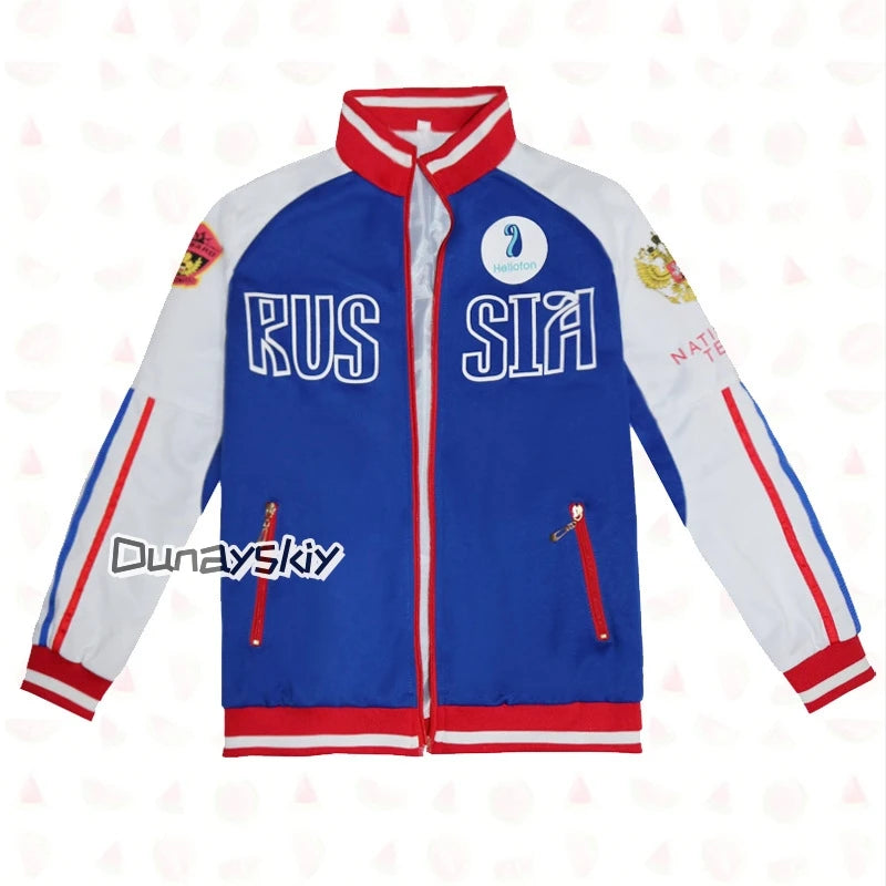 Anime Yuri Plisetsky Victor Nikiforov Cosplay 코스프레 Red Blue Coat Jacket Pants Anime Unisex Halloween Sportswear for Women Men