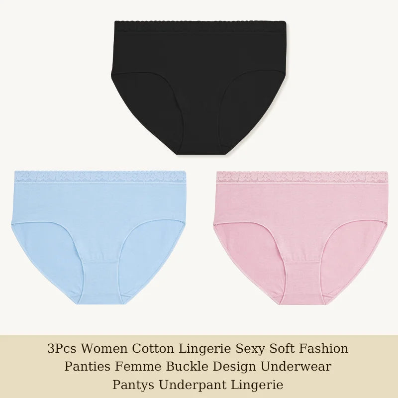 3Pcs Women Cotton Lingerie Sexy Soft Fashion Panties Femme Buckle Design Underwear Pantys Underpant Lingerie Lace Intimates S-XL
