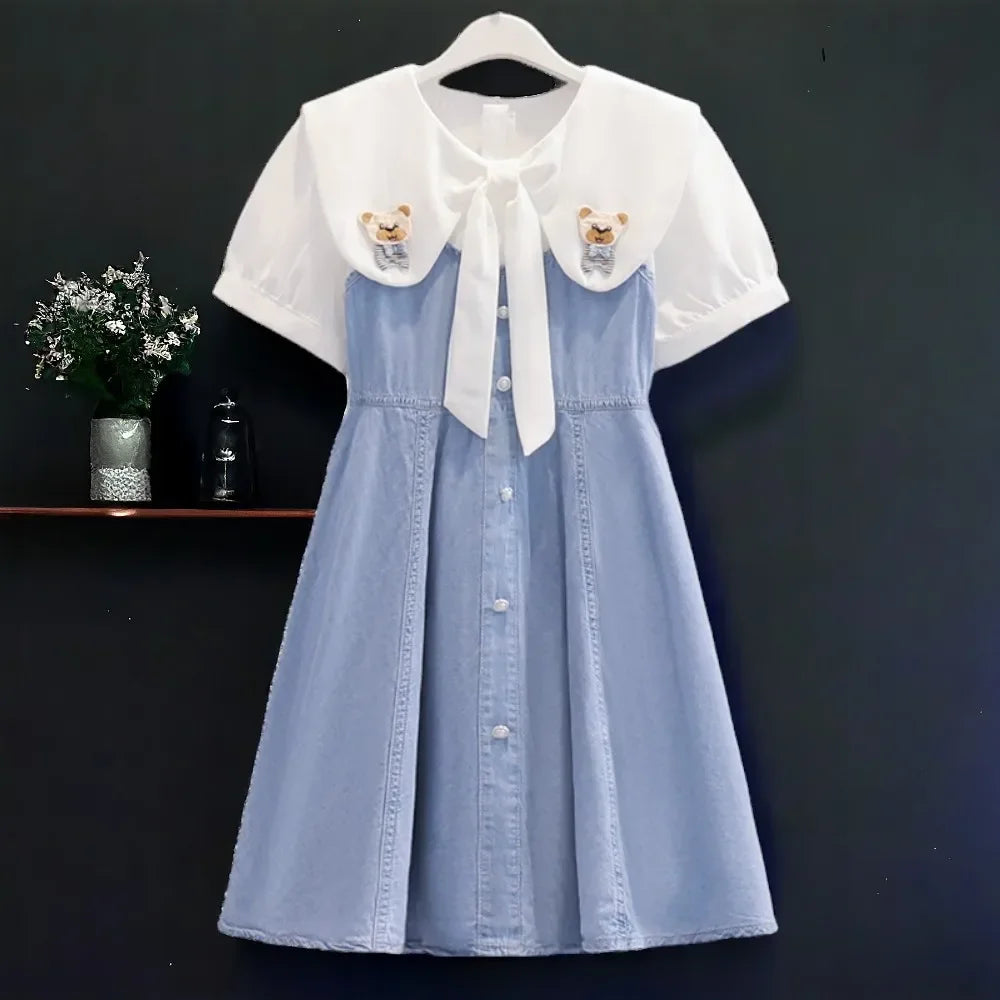 Summer Baby Girls Denim Dresses Blue Kids Outfits School Uniform Clothes Short Sleeve Dress Kids  Costumes 6 8 9 10 11 12 Years