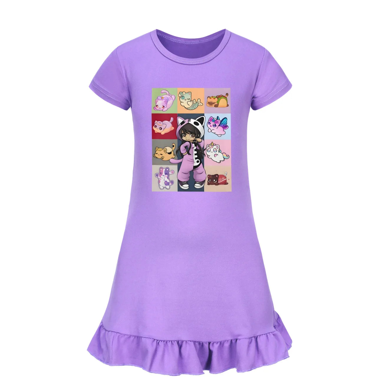 Kids Anime Aphmau Cat Summer Sleepdress Short Sleeve Baby Girls Casual Cartoon Nightgown Daily Wear Clothes for Children