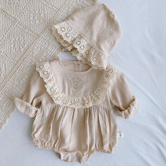 Autumn Spring Baby Girls Clothes Infant Baby Girl Bodysuits+Hat Cotton Flower Embroidery Long Sleeve Newborn Baby Girl Jumpsuit