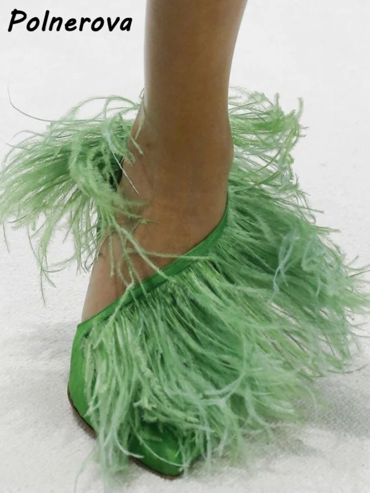 Satin Surround Feather Fringe Sandals Pointy Toe Solid Pointy Toe Stiletto Shoes Red Orange Black Summer Shallow Runway Shoes