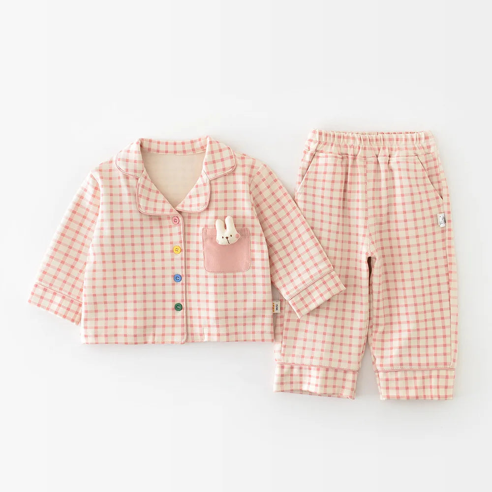 2025 Autumn Baby Sleepwear Set 0-3T Cute Plaid Lapel Doll Cardigan and Pants 2Pcs Baby Boys Girls Pajamas Sets Kids Home Wear