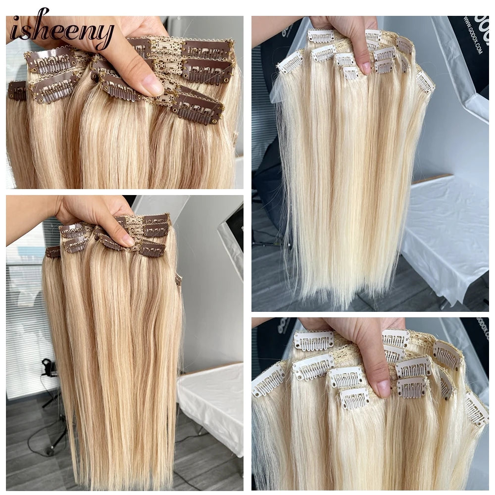 isheeny 140-240G Blonde Brazilian Machine Remy Straight Clip In Human Hair Extensions Full Head 6pcs/set 14-24 Inch Volume Hair