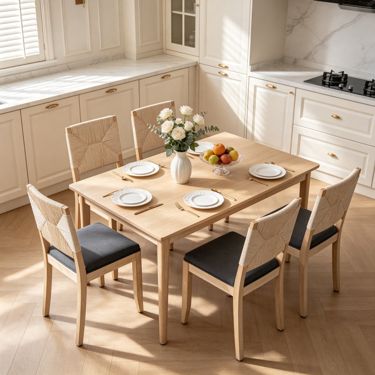 Dining Chairs Set of 2 with Woven Rope Backs and Linen Seats, French