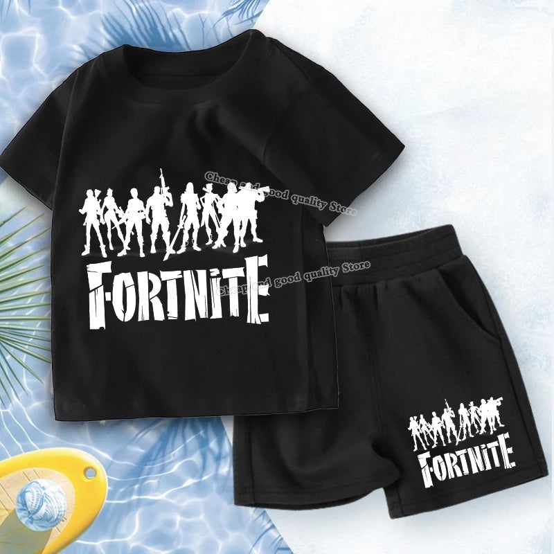 FORTNITED Anime Boy Summer T-shirt Set Kid Cotton Clothes 2pcs Short Baby Tops +Shorts Set Tee Sport Tracksuit Summer Outfits