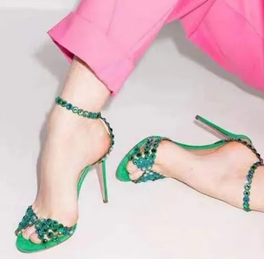 Big Size43 Crystal Embellshed High Heel Sandals Green Purple Suede Ankle Strap Dress Shoes Cutouts Celebrating Dress Shoes