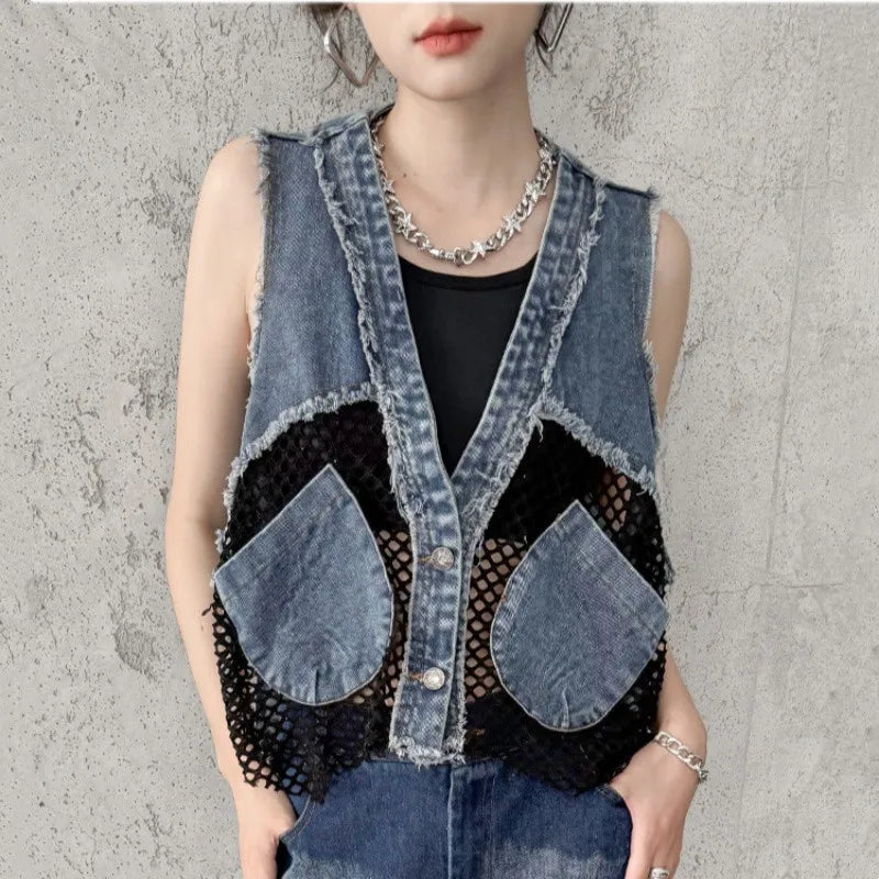 Grid Stitching V-Neck Denim Vest Women's Summer Fried Street Fashion Loose Burrs Short Sleeveless Vests Jackets Female