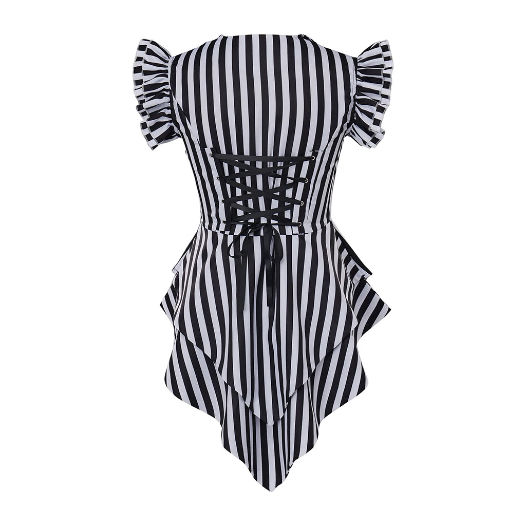 Women Gothic Steampunk Coat Striped Lapel Collar Jacket Victorian Punk V Neck Jacket Tops Daily Ladies Halloween Costume
