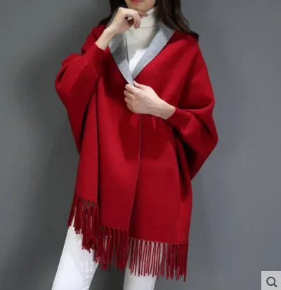 New Colors Black Women Outstreet Loose Knitwear Capes Solid Autumn Winter Knitted Batwing Sleeves Long Poncho Female Tassel Coat