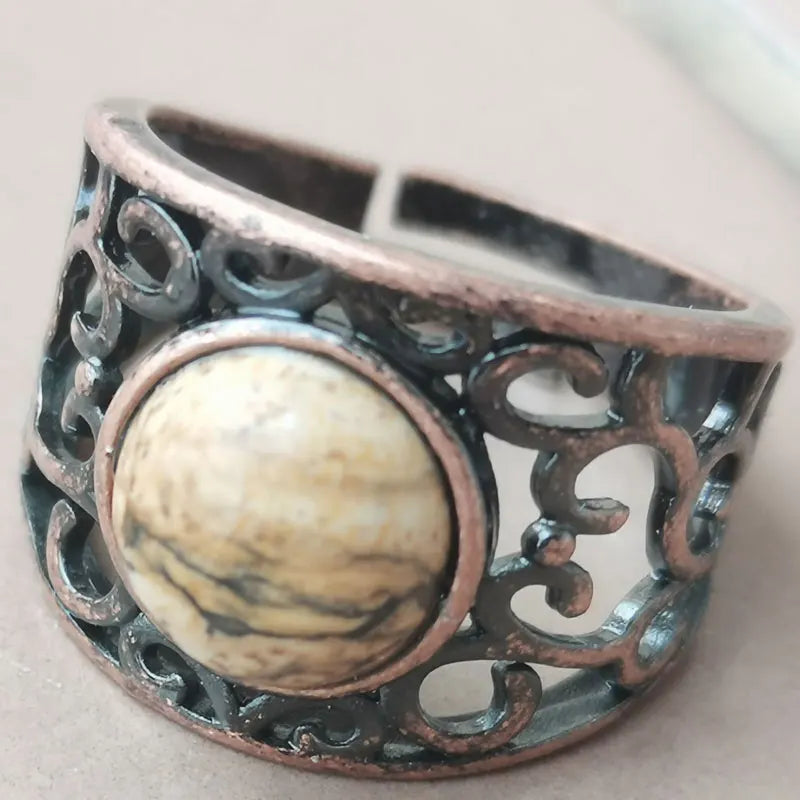 Aventurine Malachite Tiger Eye Crystal Lapis Lazuli Howlite Carnelian Goldstone Opal Unakite Sand Jaspe Bead Ring PWB1230