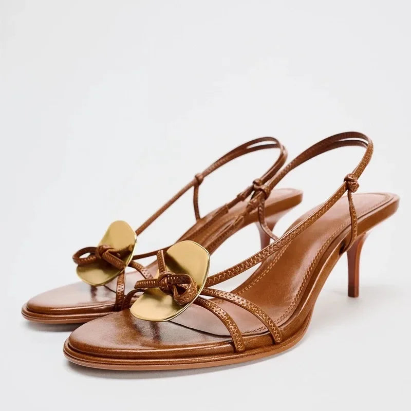 Elegant Metal Decoration Thin Heels Sandals Women Summer New Open Toe Designer Party Dress Shoes Fashion Brand High Heels Ladies