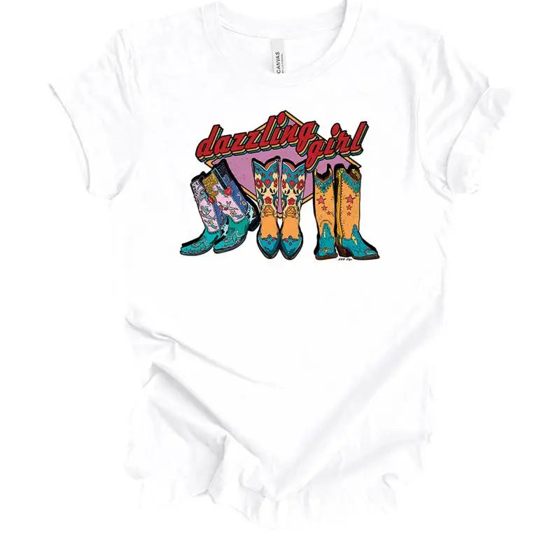 Dazzling Girl Boots Colorfully Cute Western Trio Shoes  Ladies T shirt