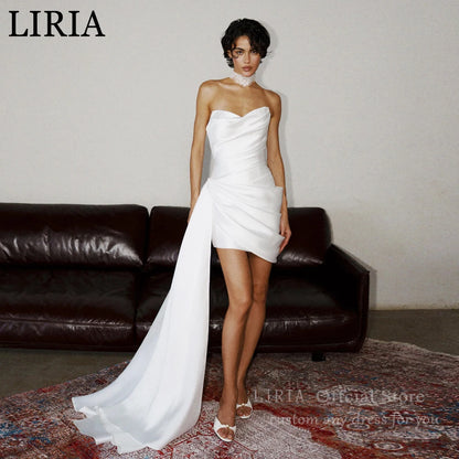 LIRIA Simple Mini Mermaid Satin Wedding Dresses Strapless Sleeveless Bridal Dresses Sexy Open Back Short Bride Dress Customized