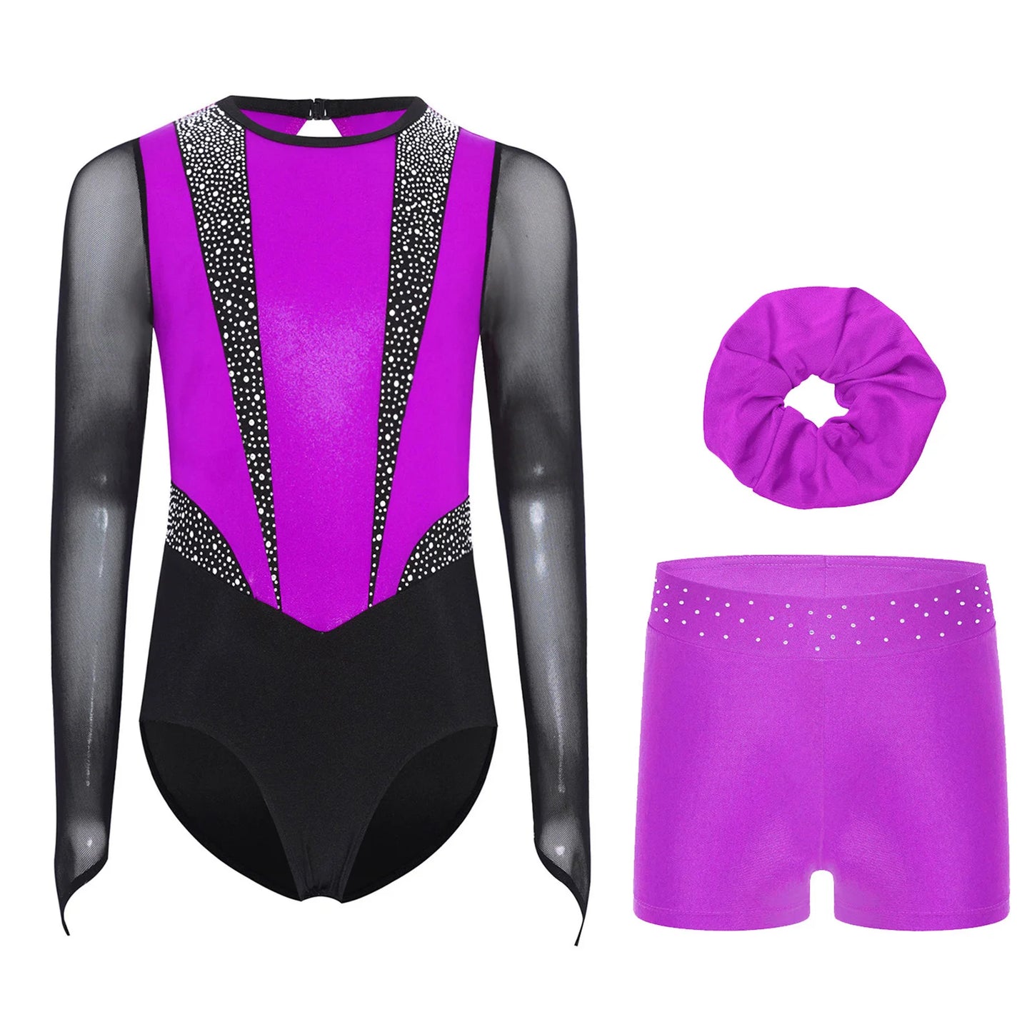 Kids Girls Ballet Gymnastics Sets Sports Tracksuit Figure Skating Dancewear Long Sleeves Rhinestones Leotard with Shorts Suit