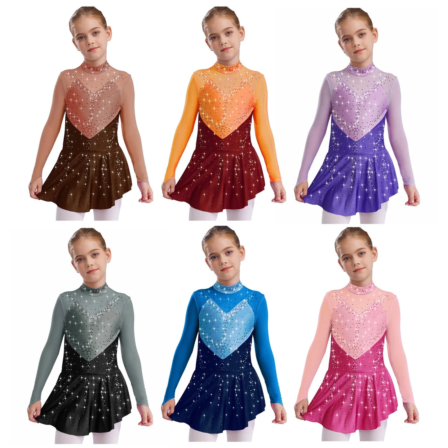 Kids Girls Figure Skating Dance Dress Ballet Lyrical Princess Costume Long Sleeve Color Block Mesh Rhinestones Leotard Dress