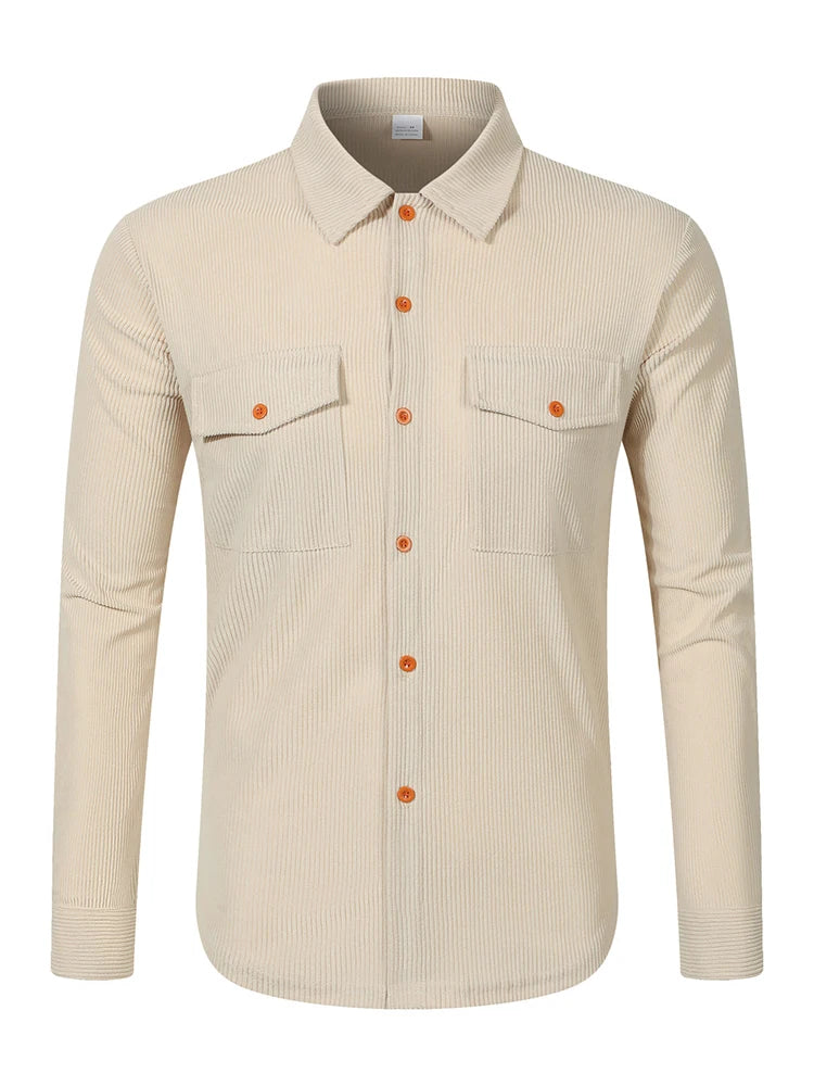 Casual Men's Corduroy Shirt Jacket Spring Autumn Vintage Button-up Turn-down Collar Cargo Jackets Men Fashion Textured Cardigans