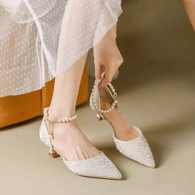 Women High Heel Pumps Size 34-42 Pearls Strap High Heels Lace Women White Wedding Shoes Stiletto Heel Point Toe Bride Bridesmaid