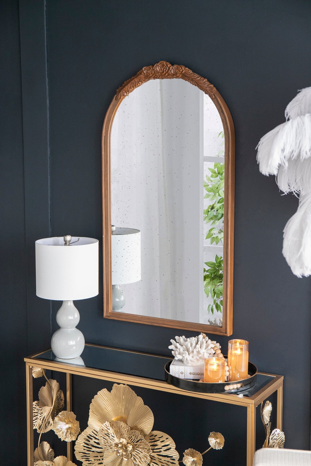 Hand-Carved Rose Arched Wall Mirror, Available in 2 Colors