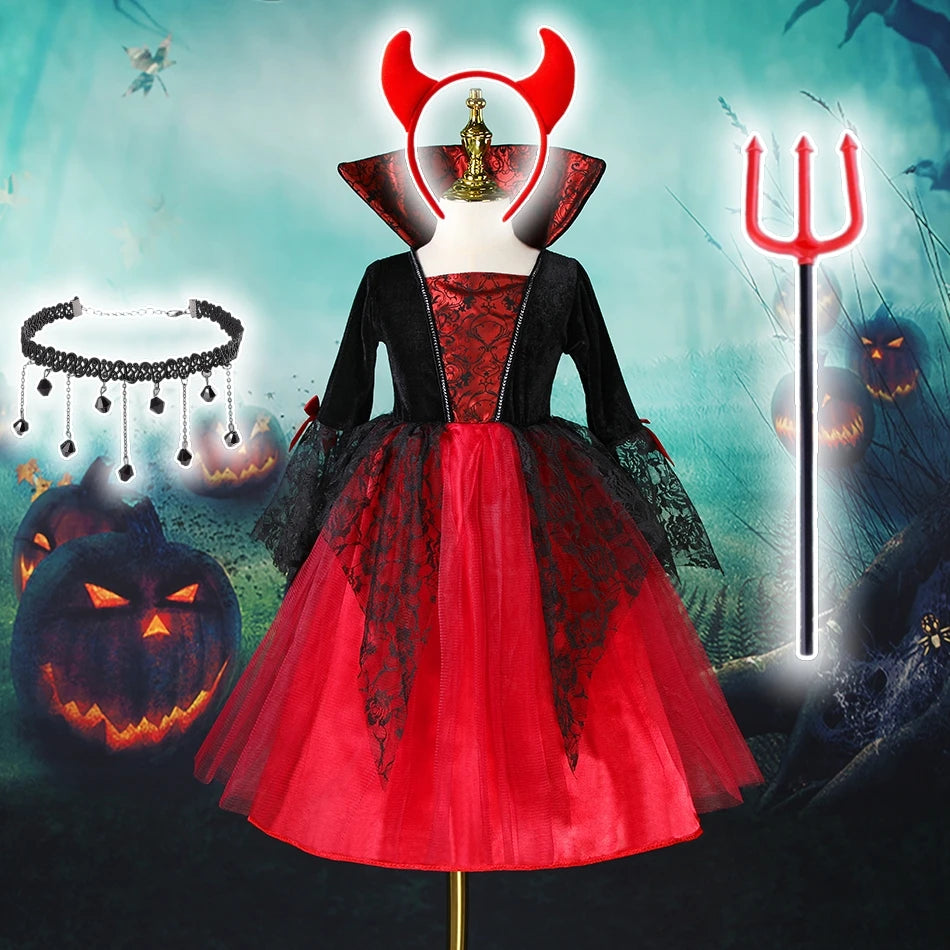 Baby Girls Halloween Witch Costume Children Cosplay Vampire Princess Dresses Kids Dress Up Clothes With Hat Carnival Party Gift